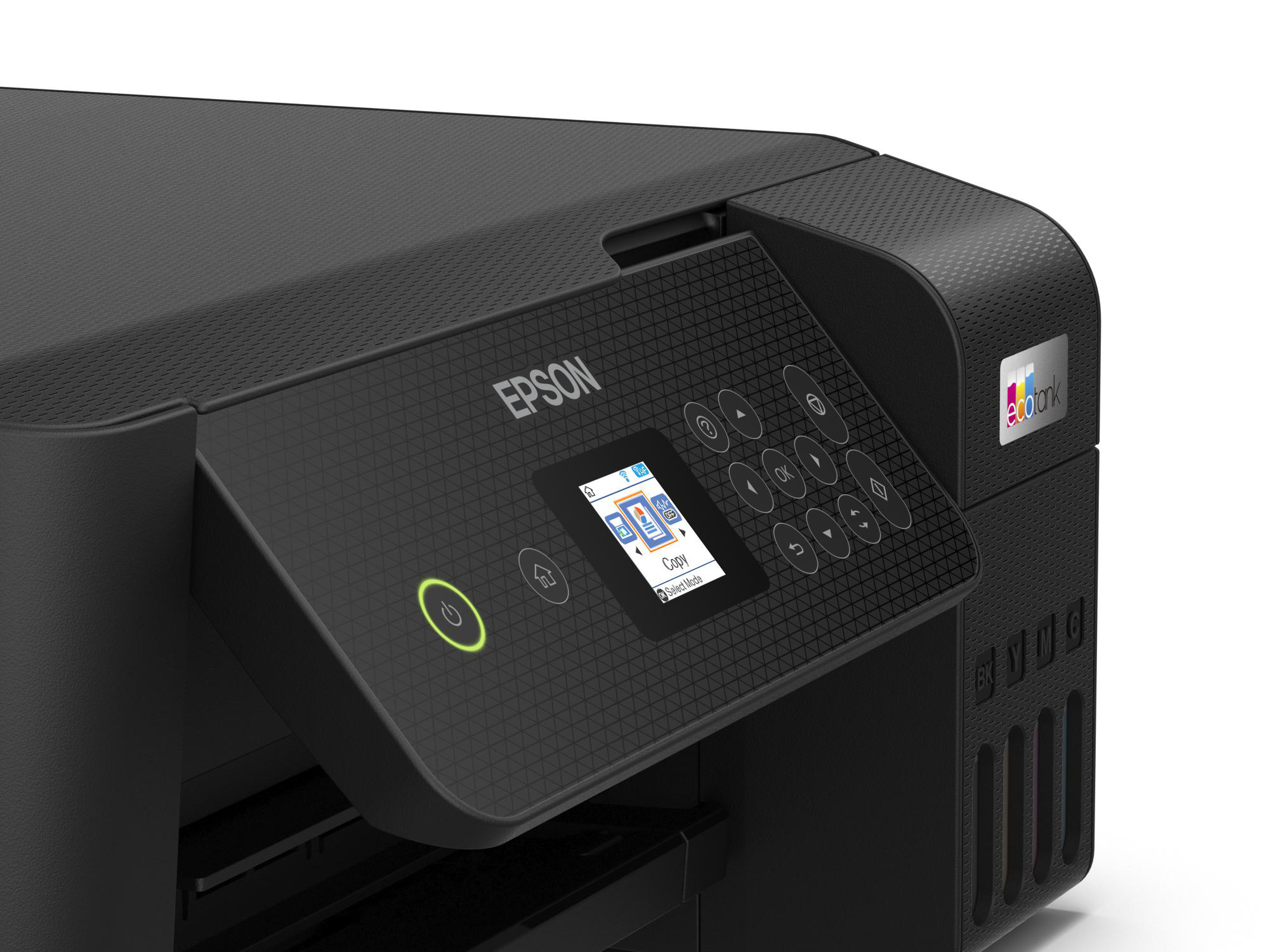 Nahaufnahme eines schwarzen Epson-Druckers mit Bedienfeld und Bildschirm.