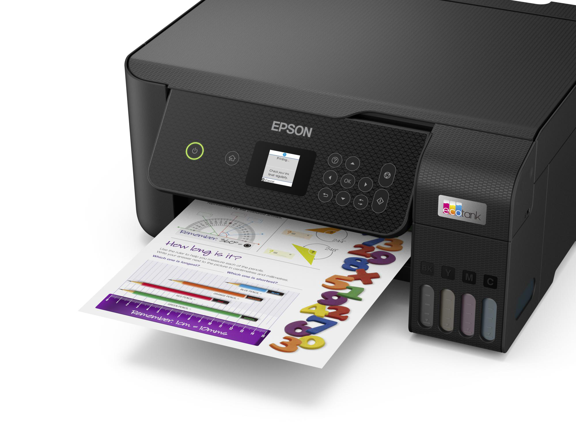 Ein Epson-Drucker druckt eine Seite. Die Seite enthält Diagramme und bunte Formen.