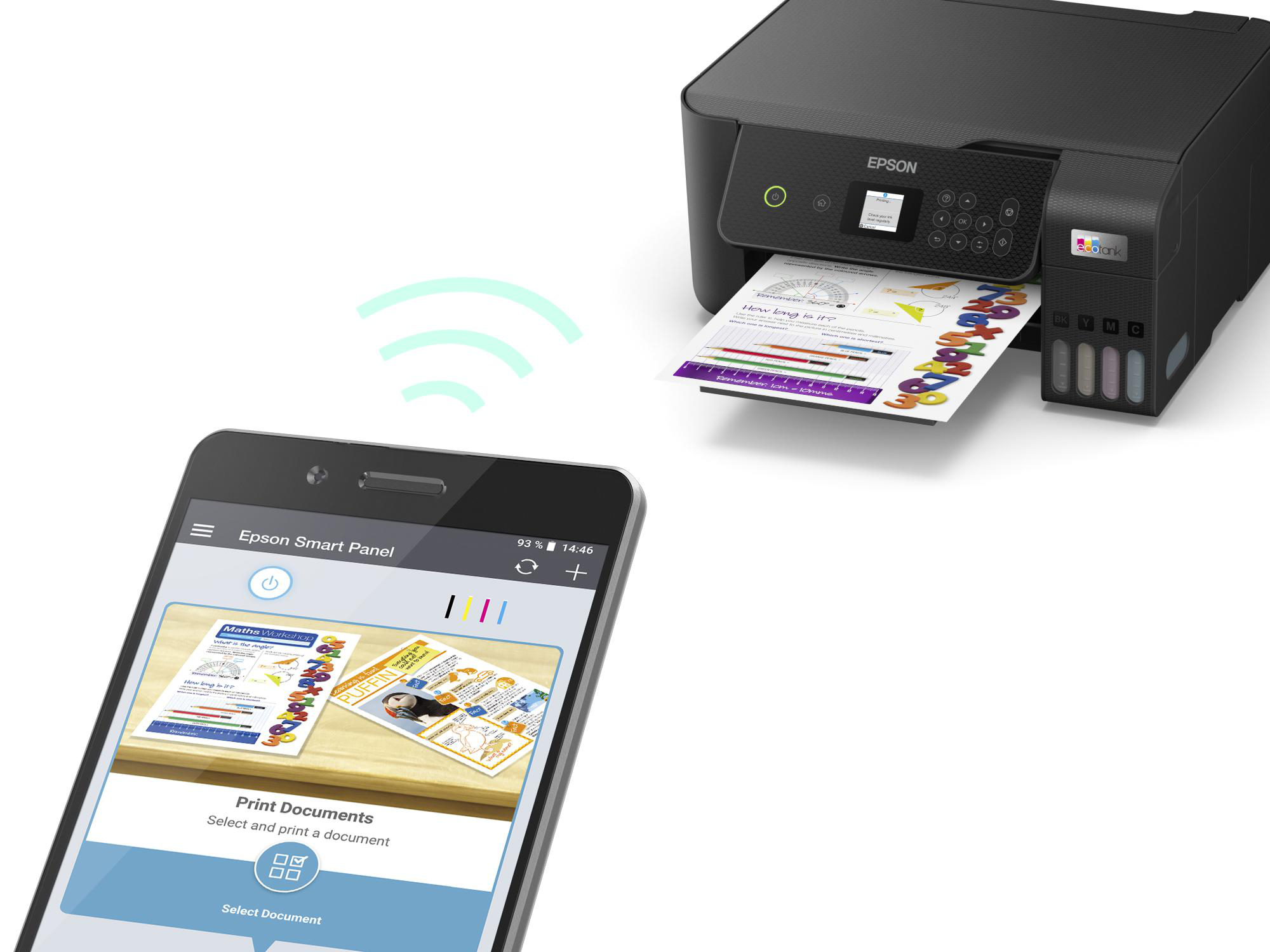 Ein Smartphone ist drahtlos mit einem Drucker verbunden, zeigt eine Druckvorschau und druckt Dokumente.