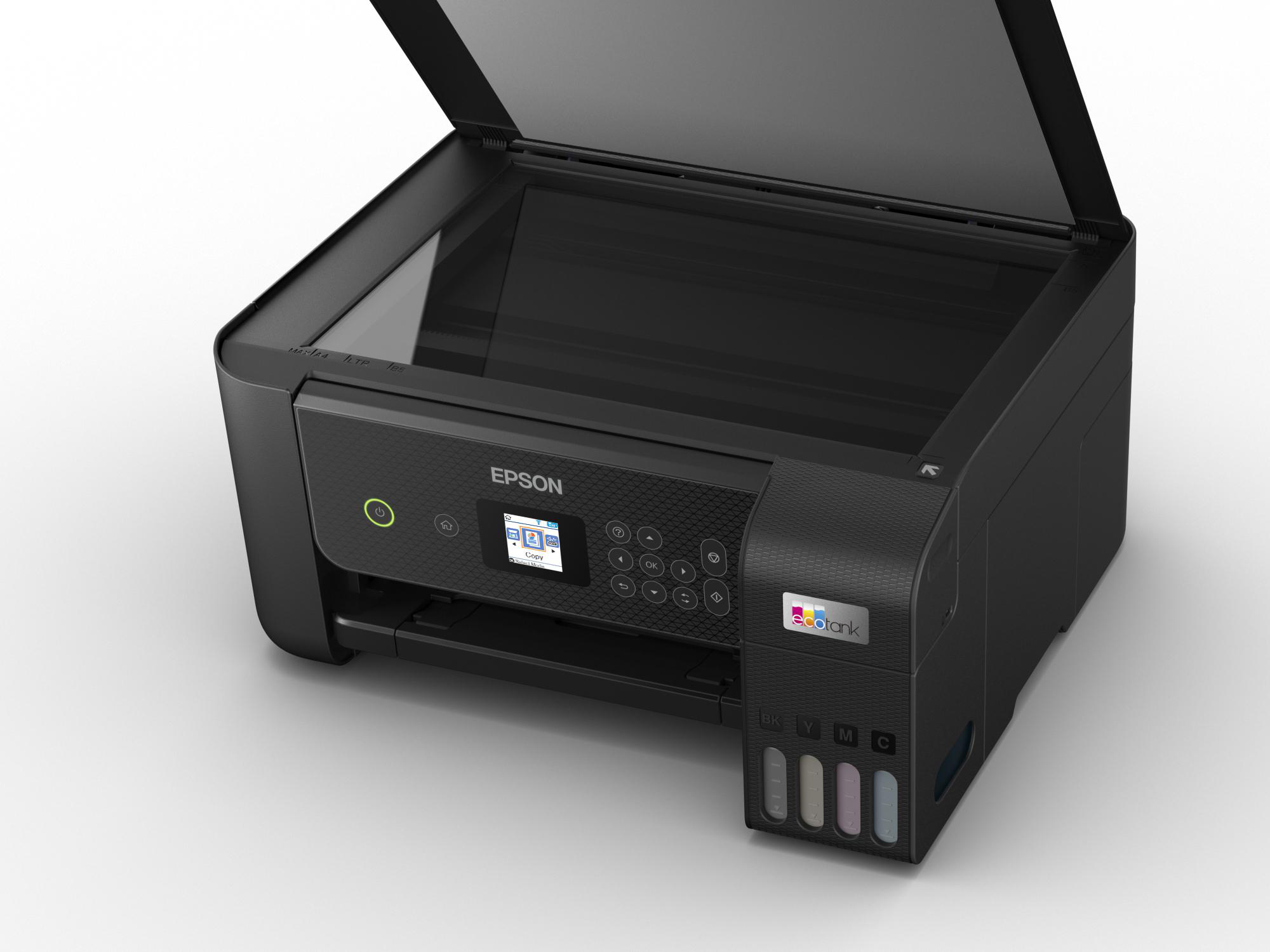 Ein offener Drucker mit einem Bildschirm und Tintenbehältern. Schwarzer Drucker mit weißem Hintergrund.