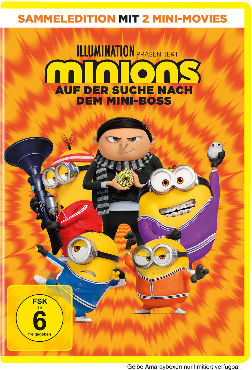 Minions Filmcover. Mehrere Minions in bunten Outfits, mit dem Titel in gelben Buchstaben.