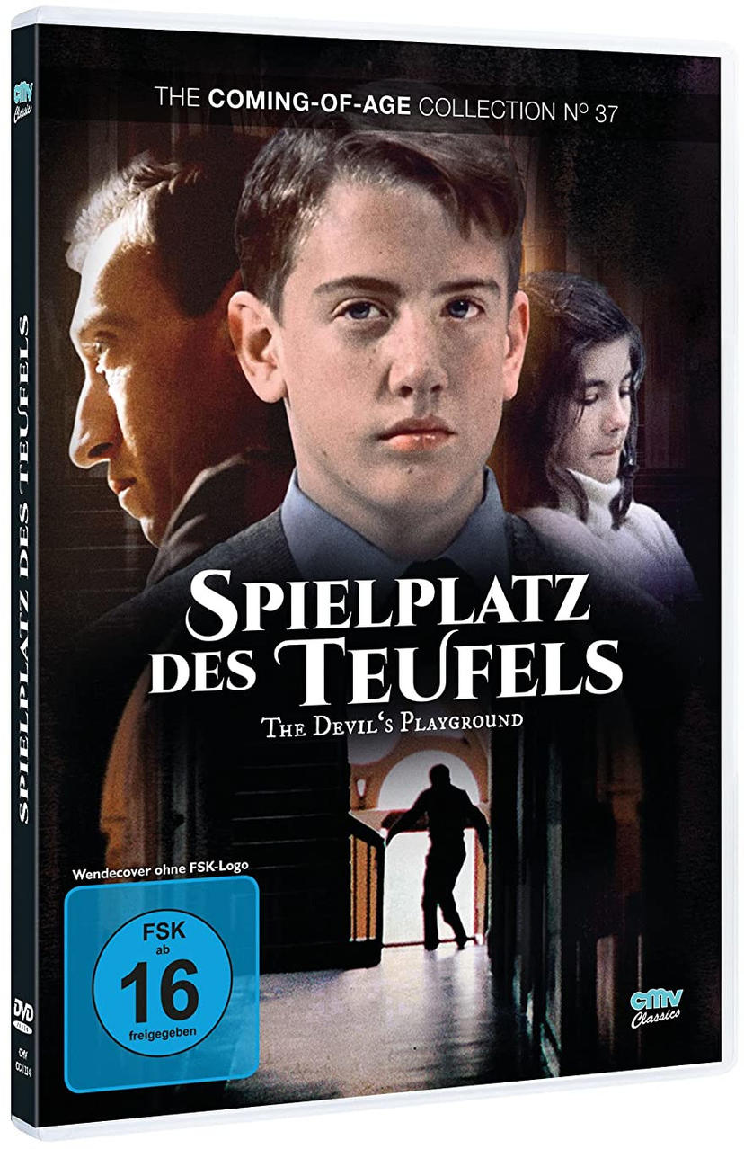 DVD-Hülle: 'Spielplatz des Teufels' Filmcover. Ein Junge in der Mitte, zwei Personen an den Seiten. Text und Logo.