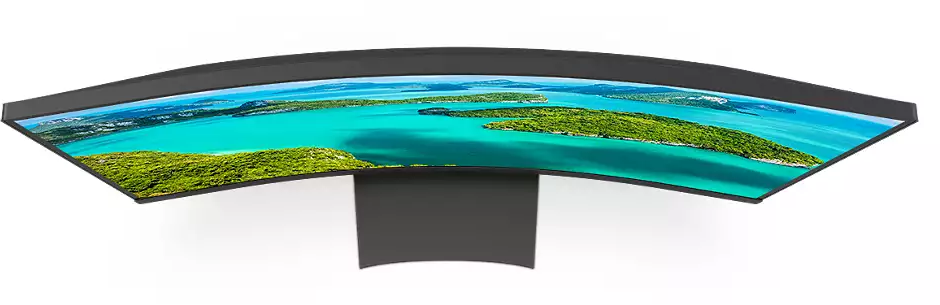 Gebogener Computermonitor, der eine blau-grüne Insel zeigt.