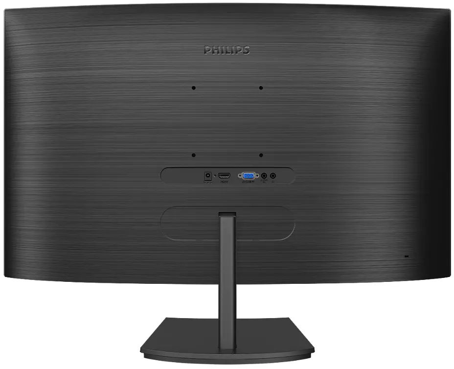 Rückansicht eines schwarzen Philips-Monitors, die Anschlüsse und einen Ständer zeigt.