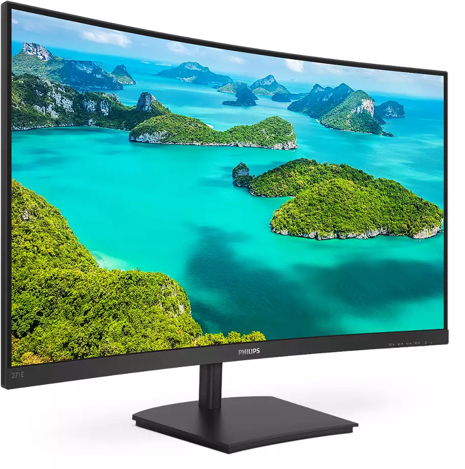 Gekrümmter Monitor mit malerischem Hintergrund von Inseln und türkisfarbenem Wasser. Schwarzer Ständer und Rahmen.