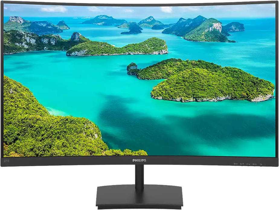 Gebogener Monitor mit einer tropischen Insel mit türkisfarbenem Meer.