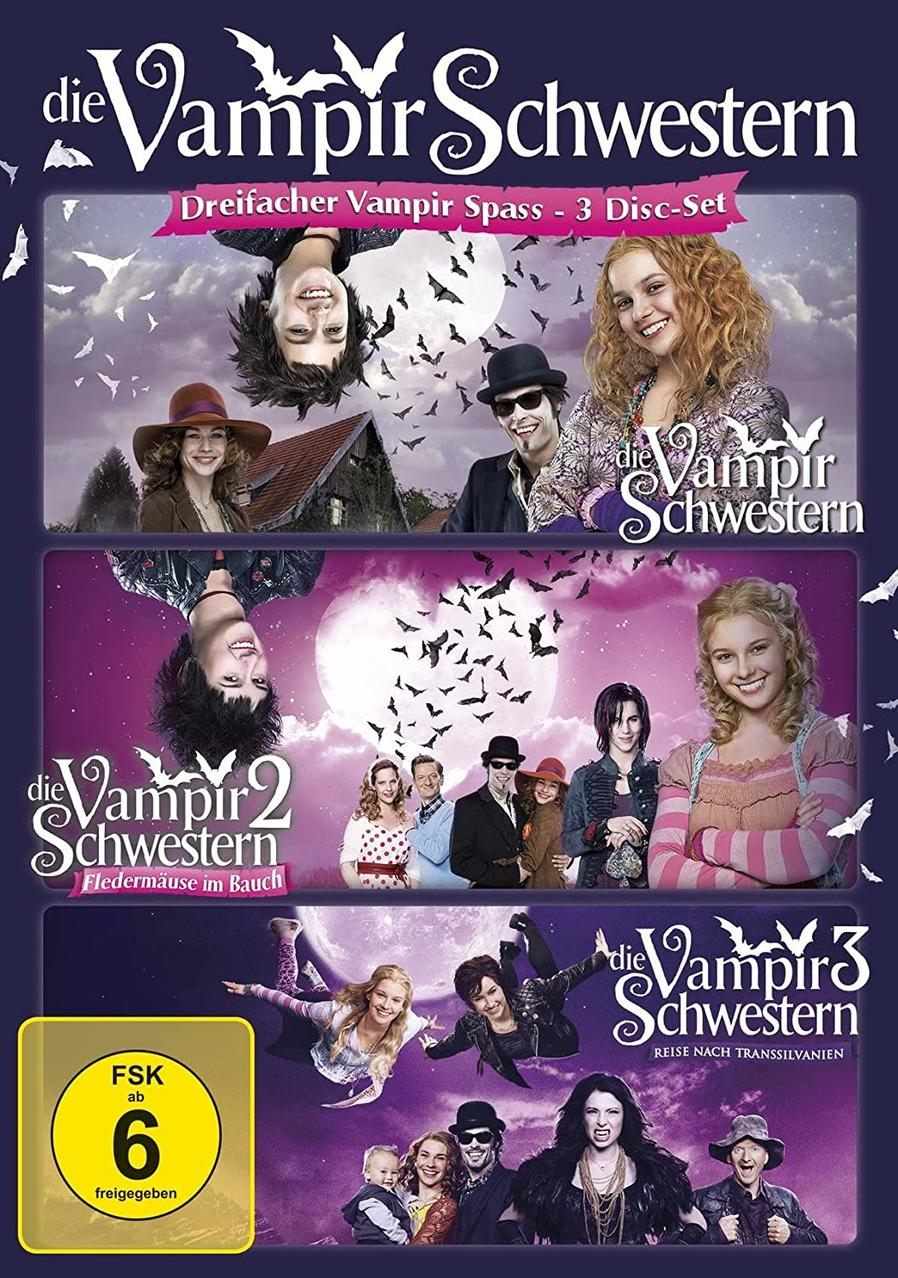 DVD-Box-Set: 'Die Vampir Schwestern'. Drei Filme werden mit Charakteren gezeigt. Die Box ist lila.