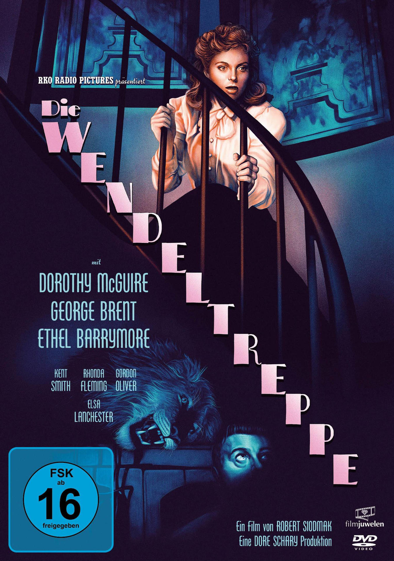 Ein DVD-Cover mit einer Frau auf einer Wendeltreppe, mit dem Text 'DIE WENDE TREPPE'.