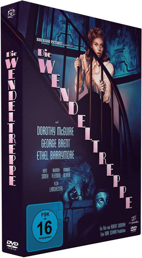 DVD-Cover: 'Die Wendeltreppe'. Eine Frau auf einer Treppe ist in Not. Das Cover hat ein Vintage-Horror-Feeling.