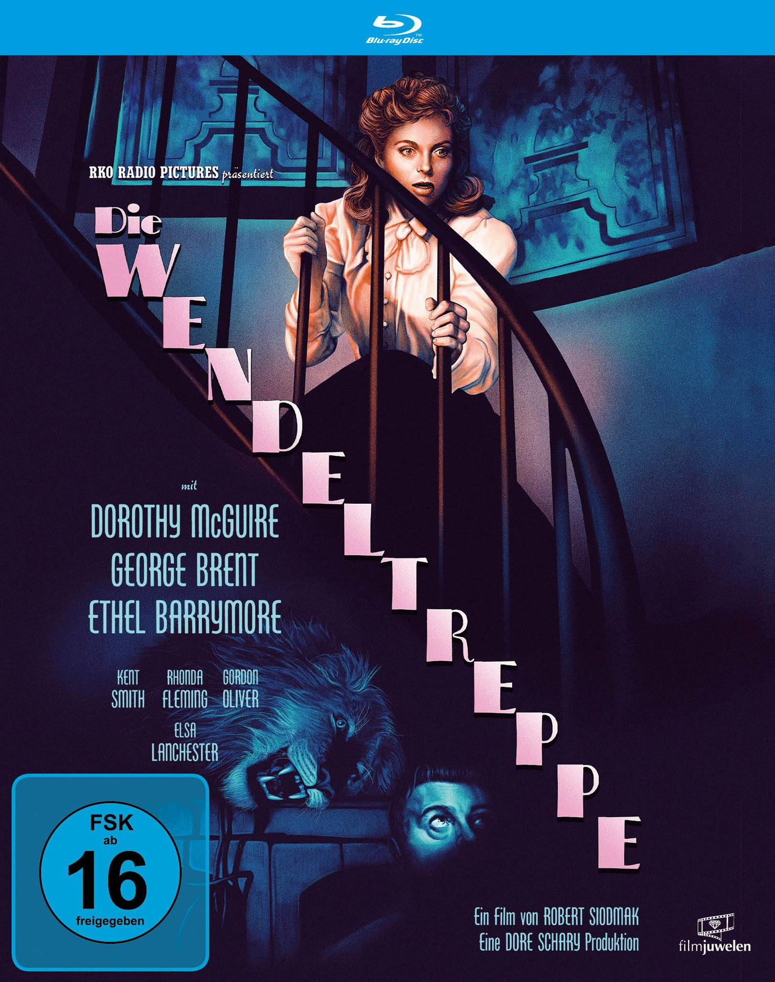 Filmcover: Frau auf Treppe, Titel: Die Wendeltreppe.