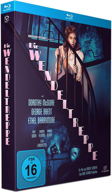DVD-Cover von 'Die Wendeltreppe'. Eine Frau auf einer Treppe, Titeltext und Filmcredits werden angezeigt.
