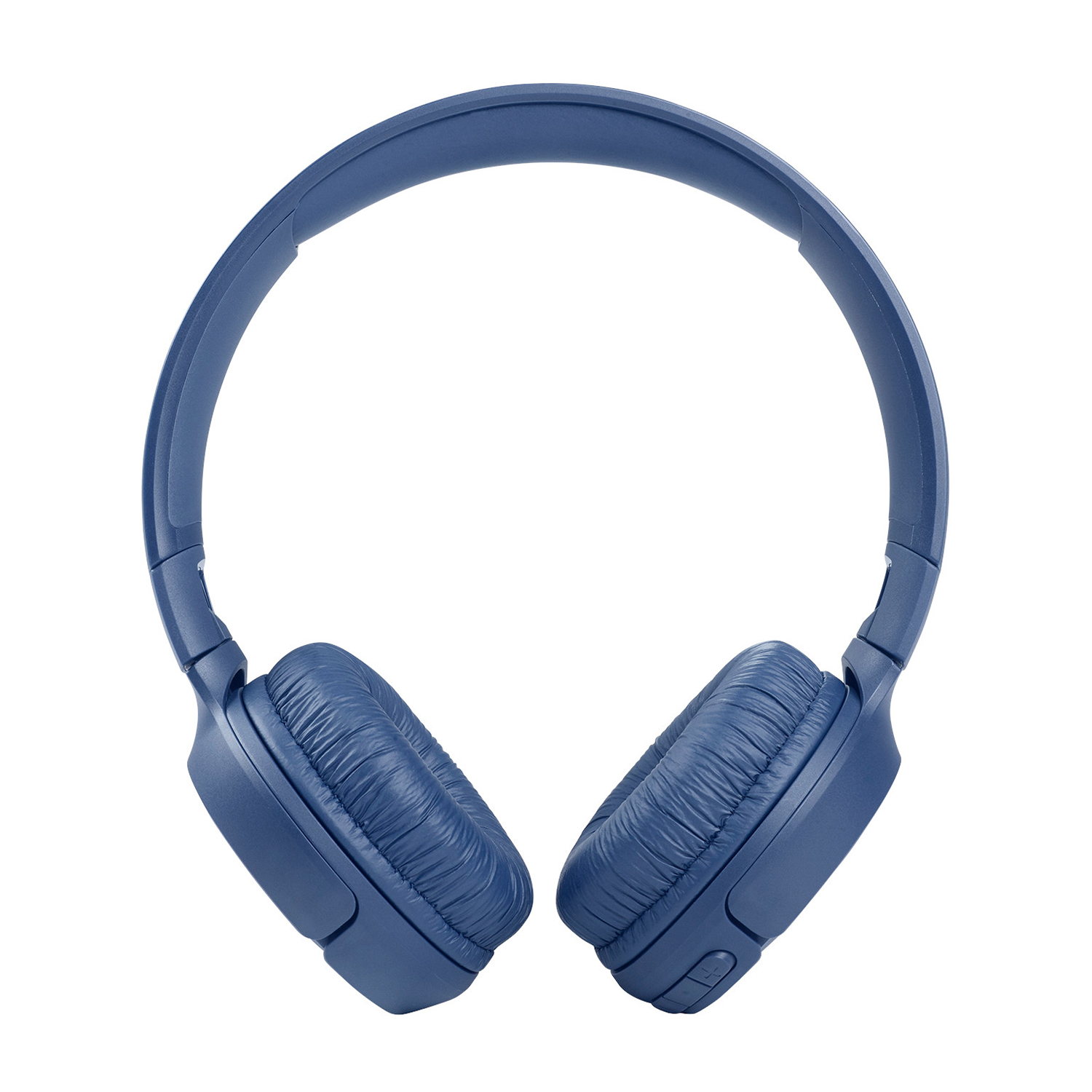 Cuffie blu su sfondo bianco, vista dall'alto del dispositivo audio.