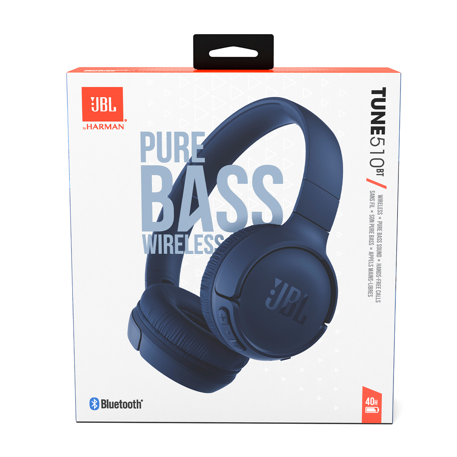 Una scatola di cuffie wireless JBL Tune 510BT blu con le cuffie mostrate sul davanti.