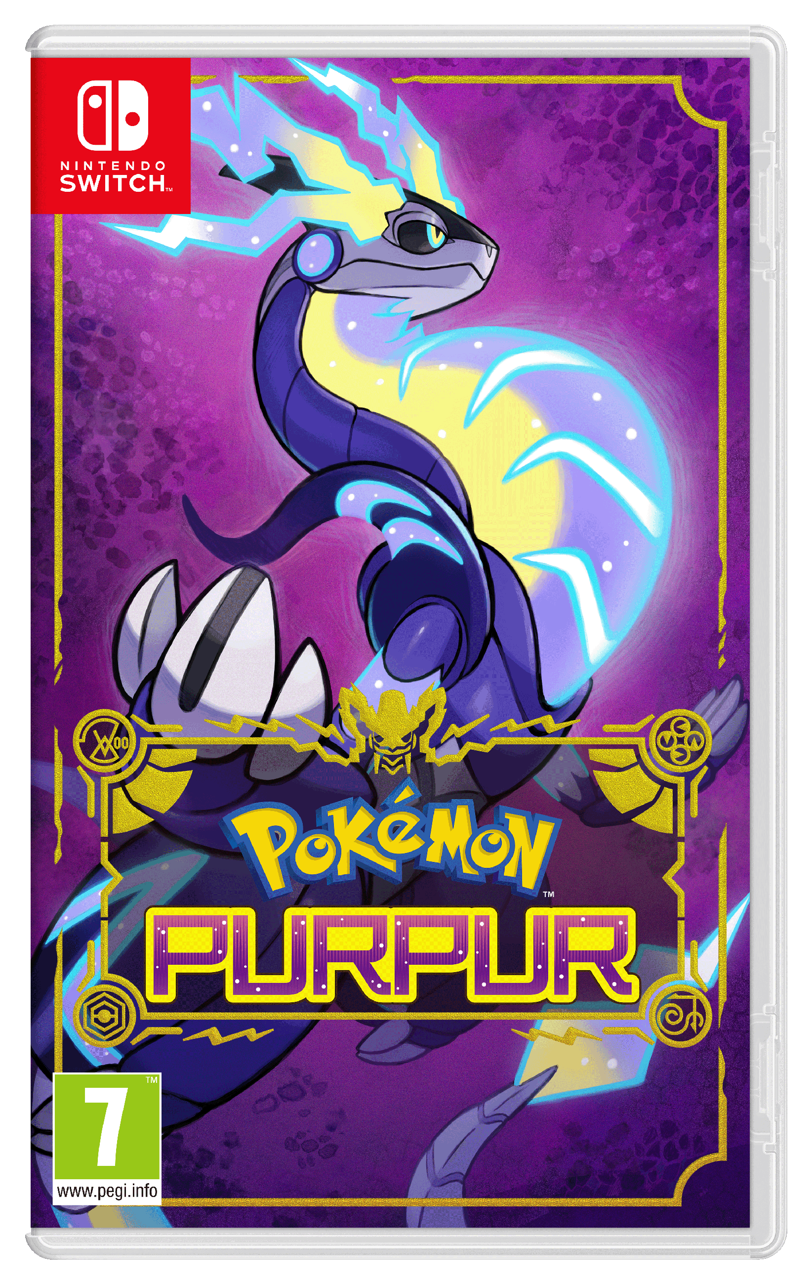 Couverture du jeu Nintendo Switch avec un thème violet. Le titre est 'Pokemon Purpur', avec une créature ressemblant à un dragon.