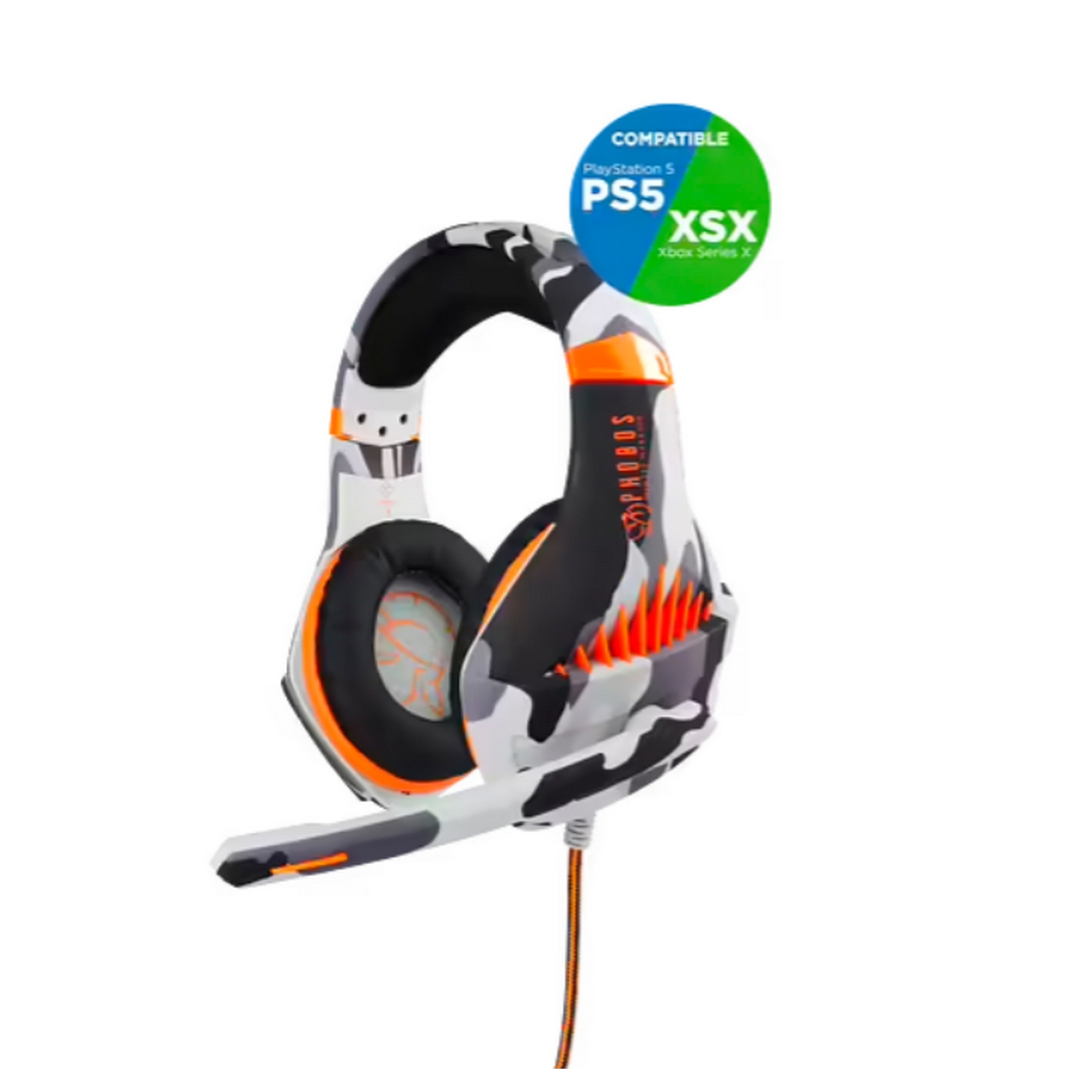 Auriculares gaming camuflaje con detalles naranjas, compatibles con PS5 y Xbox Series X/S.