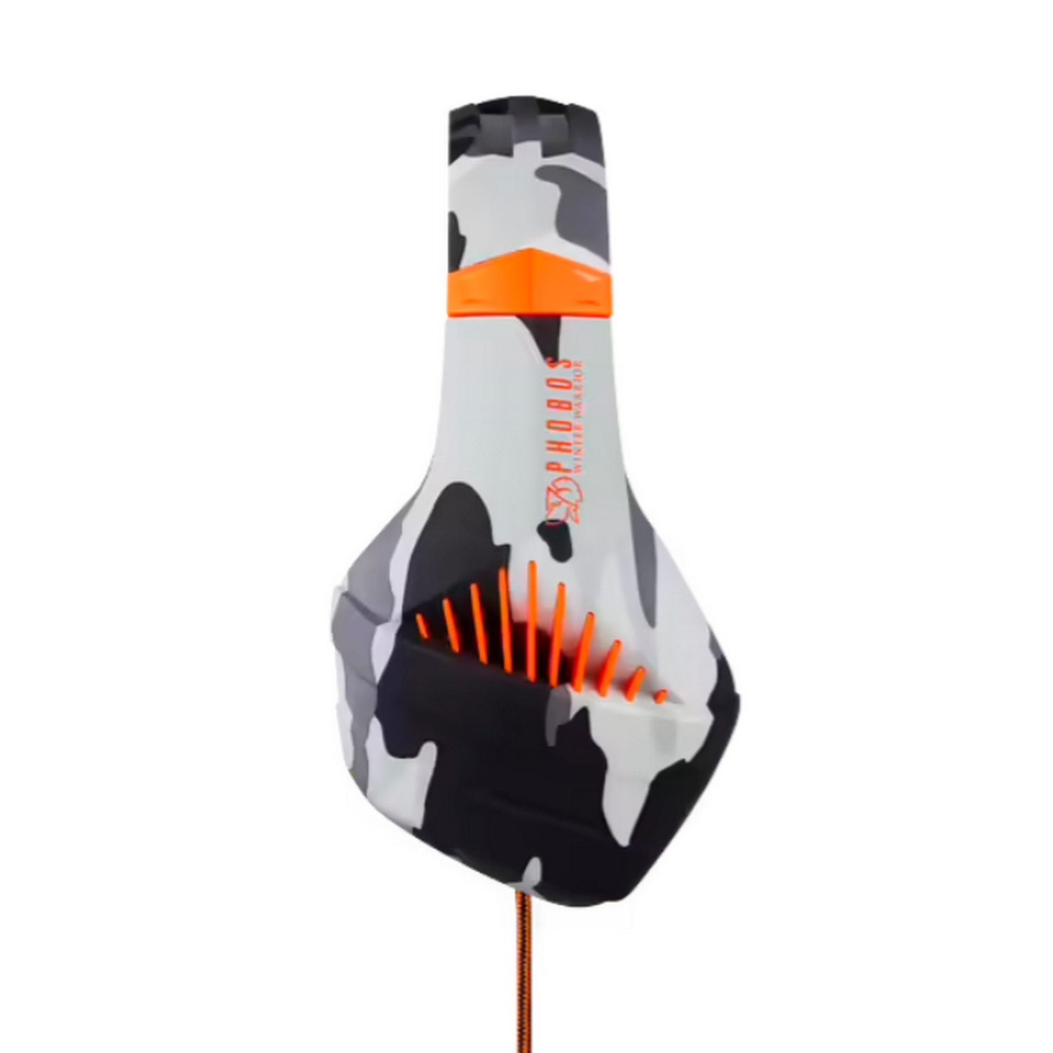 Auriculares camuflaje blanco y gris con detalles naranja y cable.