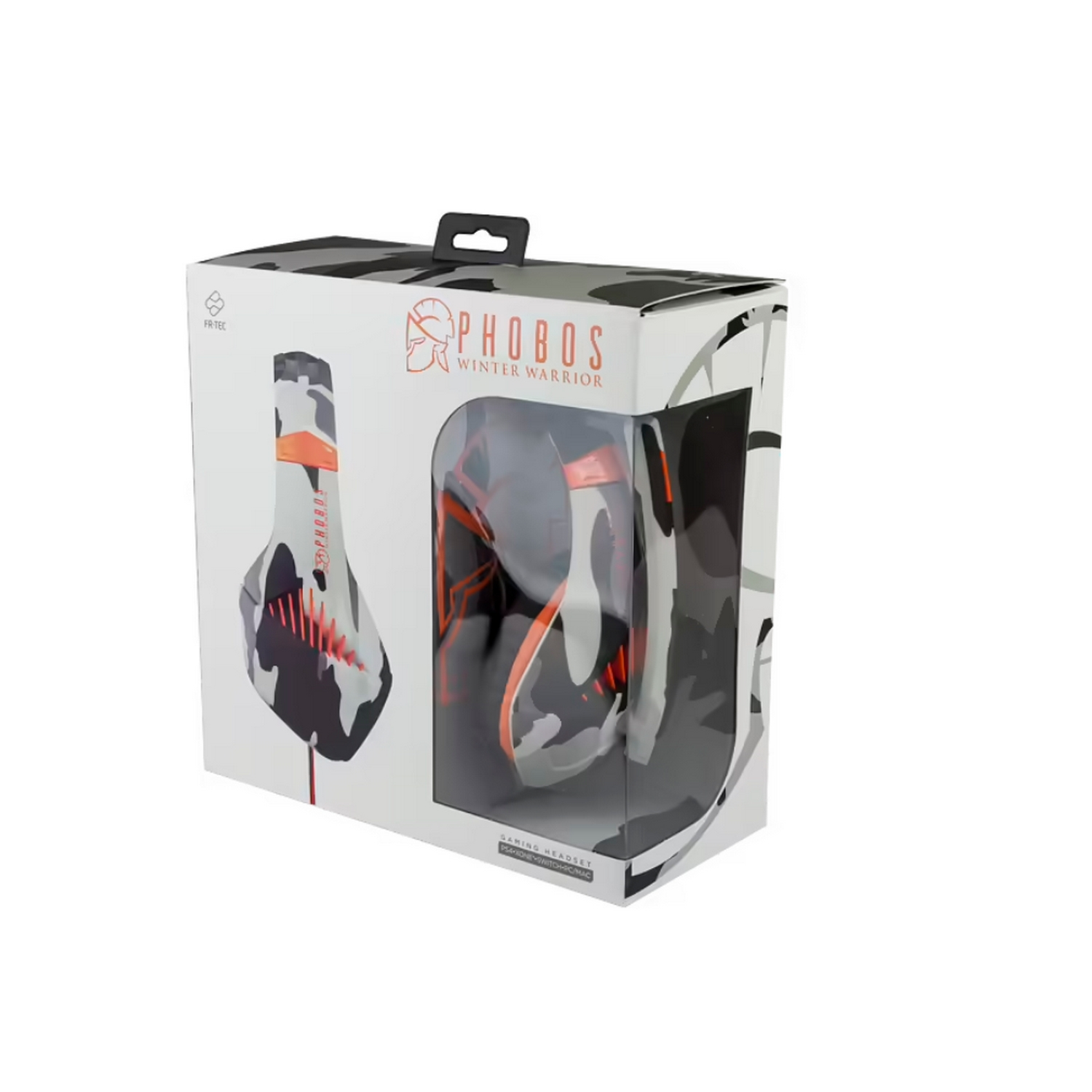 Una caja con unos auriculares dentro. La caja muestra un diseño de camuflaje con acentos naranjas.