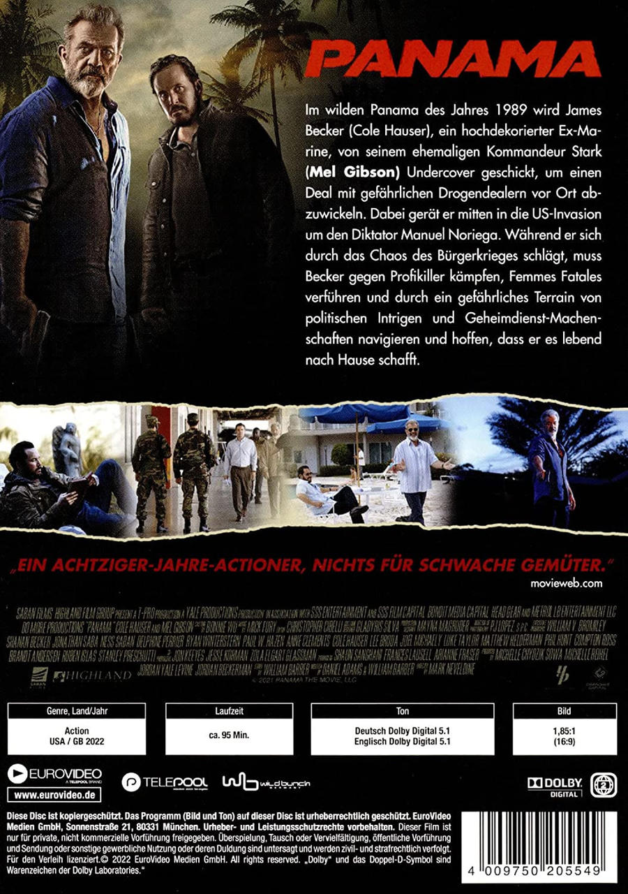 Filmcover von 'Panama'. Zeigt zwei Männer im Vordergrund, Mel Gibson ist sichtbar.