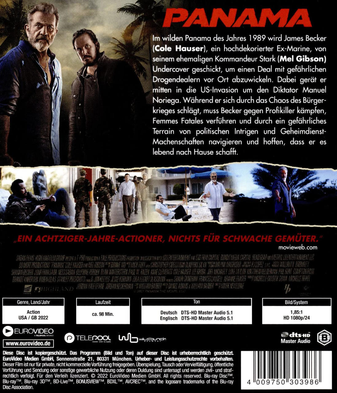 Filmposter mit Mel Gibson. Der Hintergrund zeigt mehrere Männer und Palmen. Text auf Deutsch ist vorhanden.