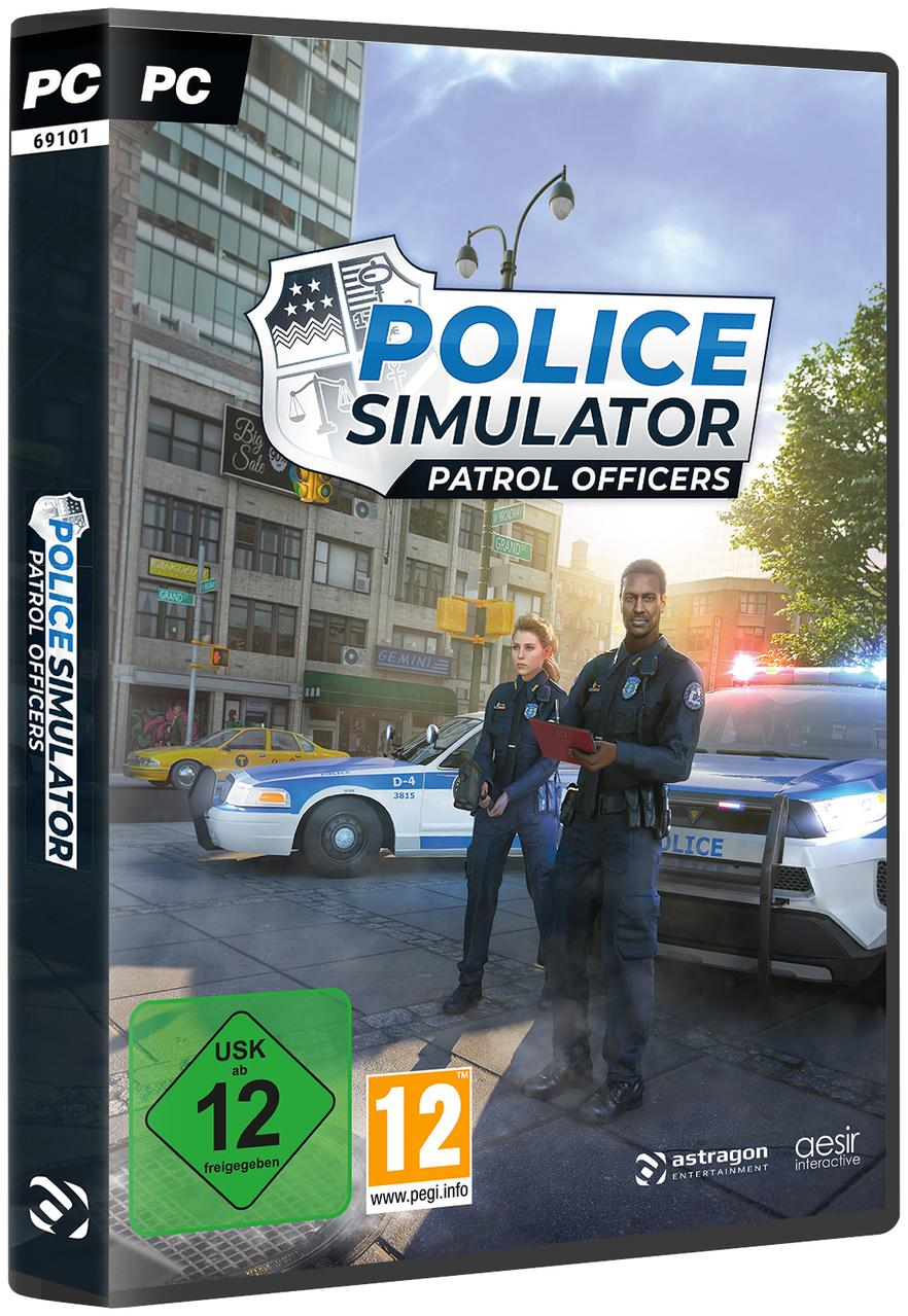 Spielbox für "Police Simulator: Patrol Officers" mit zwei Polizisten vor einem Polizeiauto.