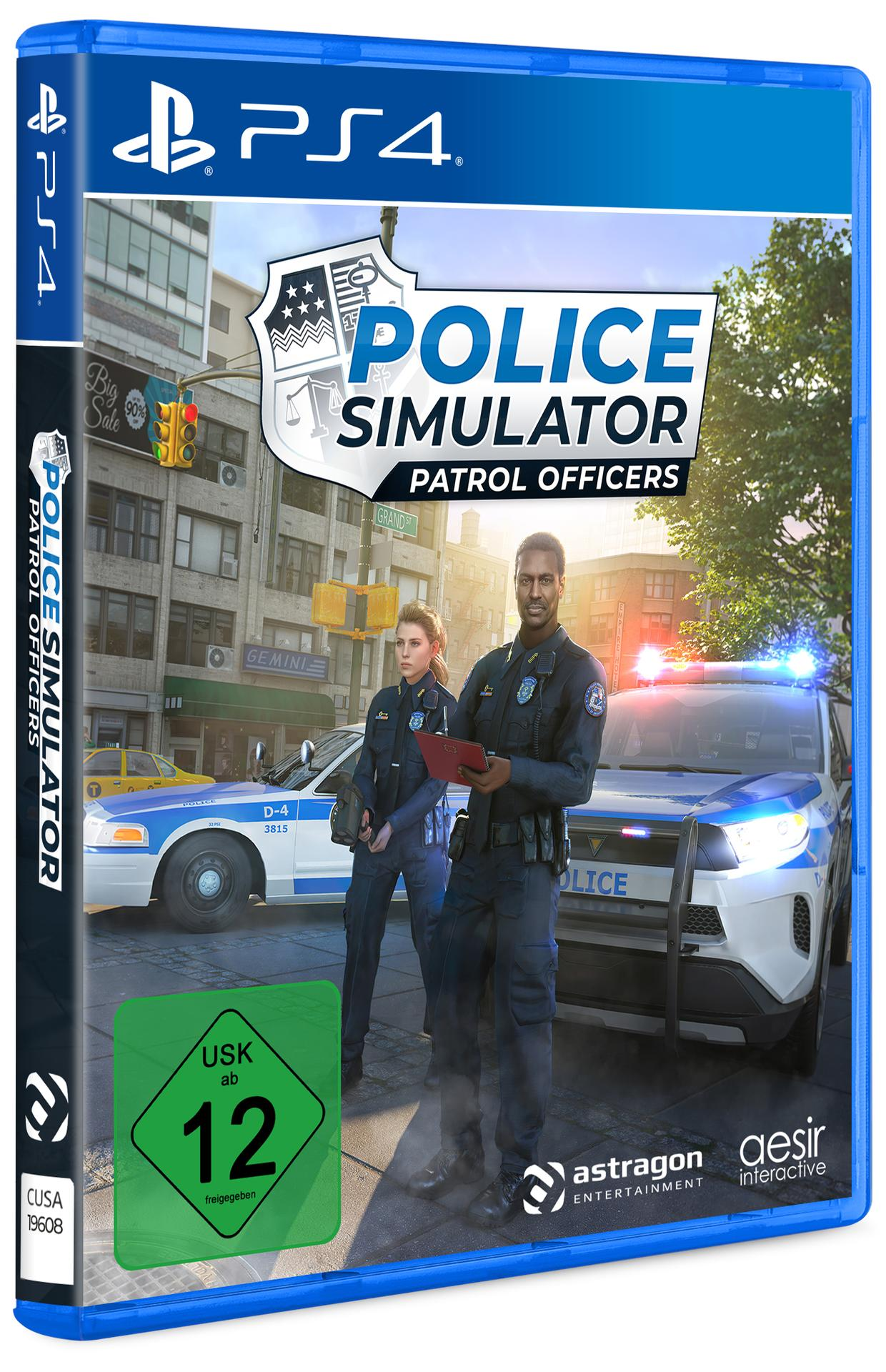 PS4-Spielbox mit Polizisten vor Streifenwagen in einer Stadt.