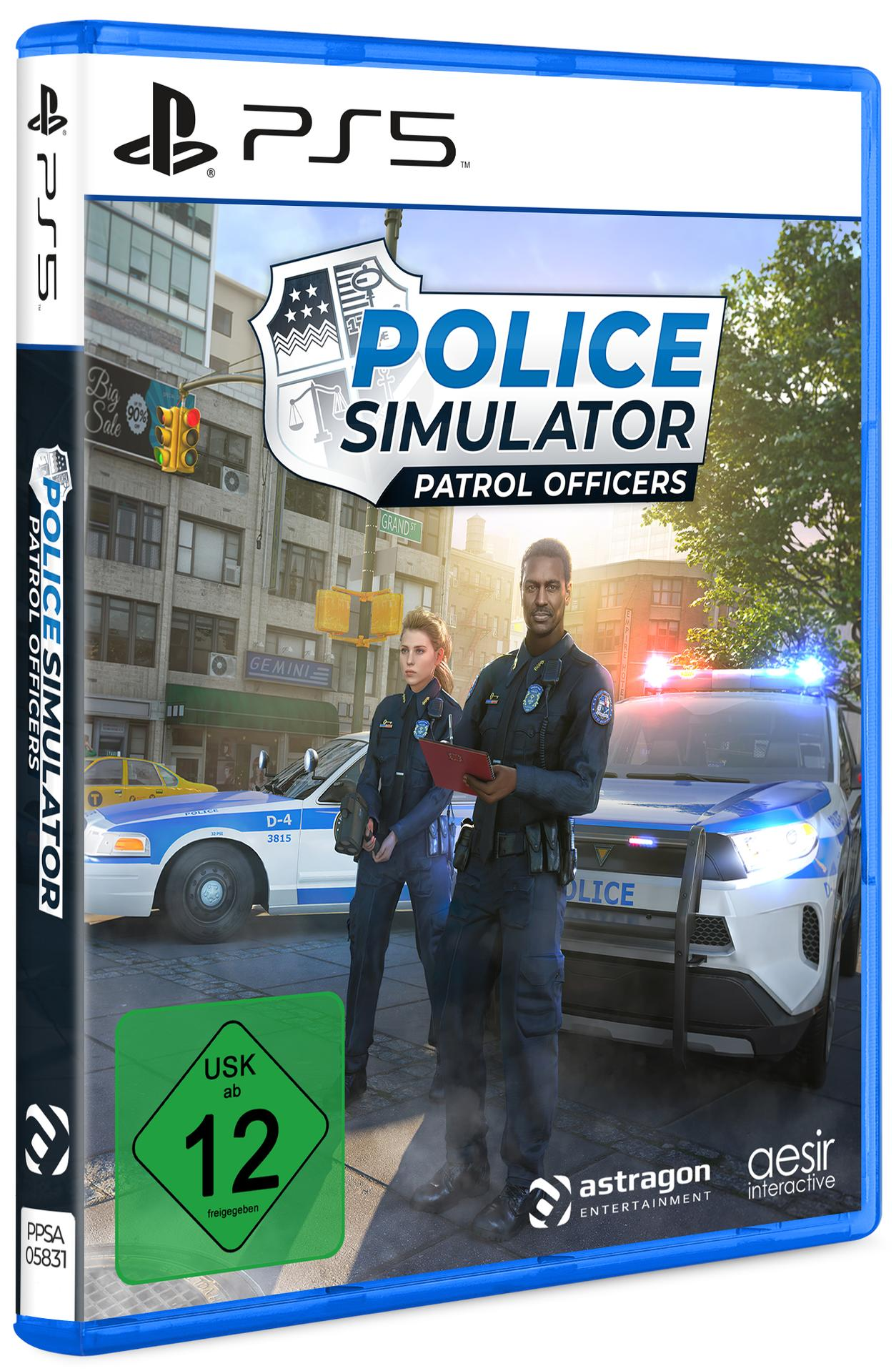 PS5-Spiel Police Simulator. Box zeigt Polizeiauto und Beamte. Enthält einen USK 12-Aufkleber.