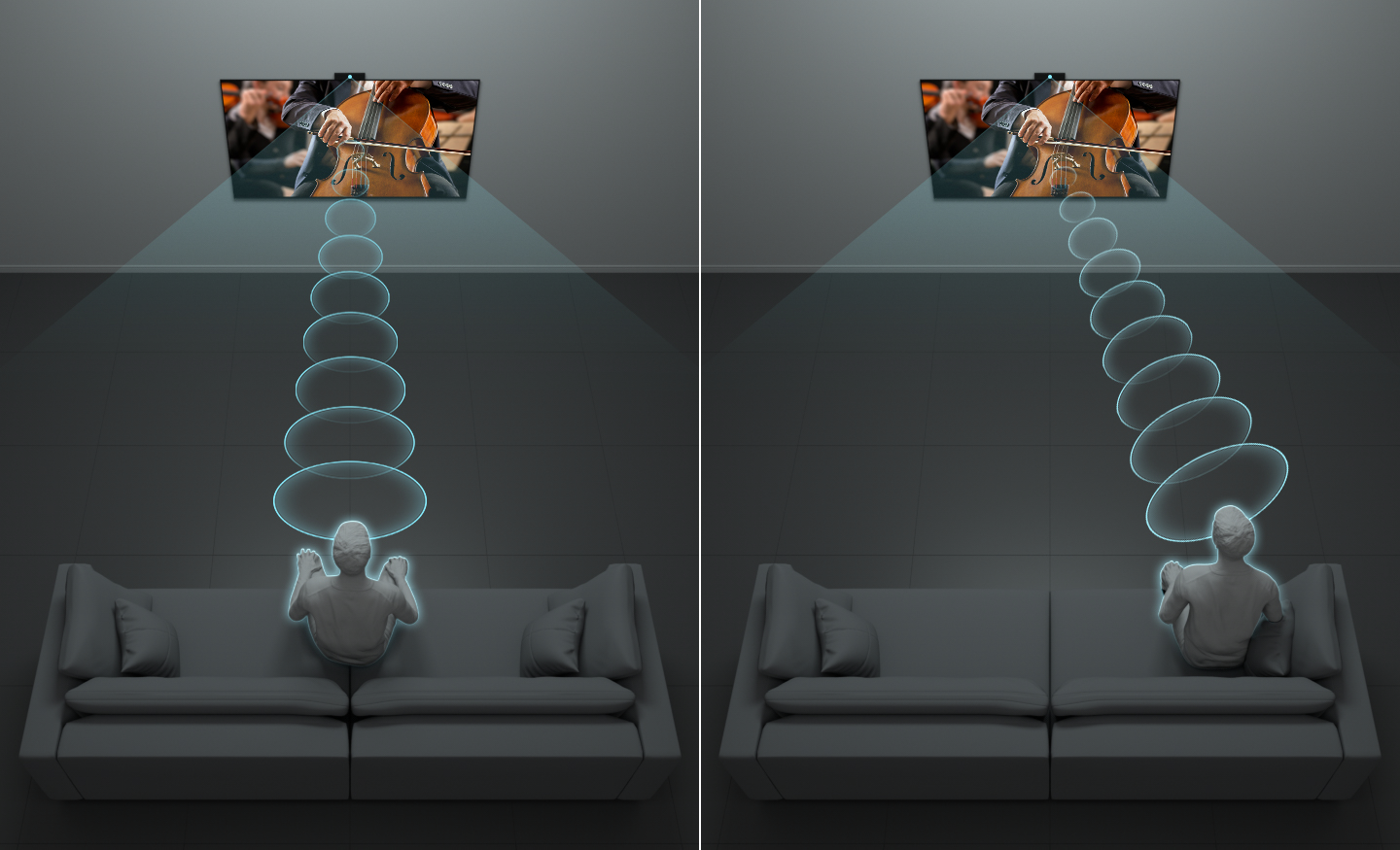Illustration, die Schallwellen zeigt, die von einem Fernseher zu zwei Personen auf einem Sofa emittieren.