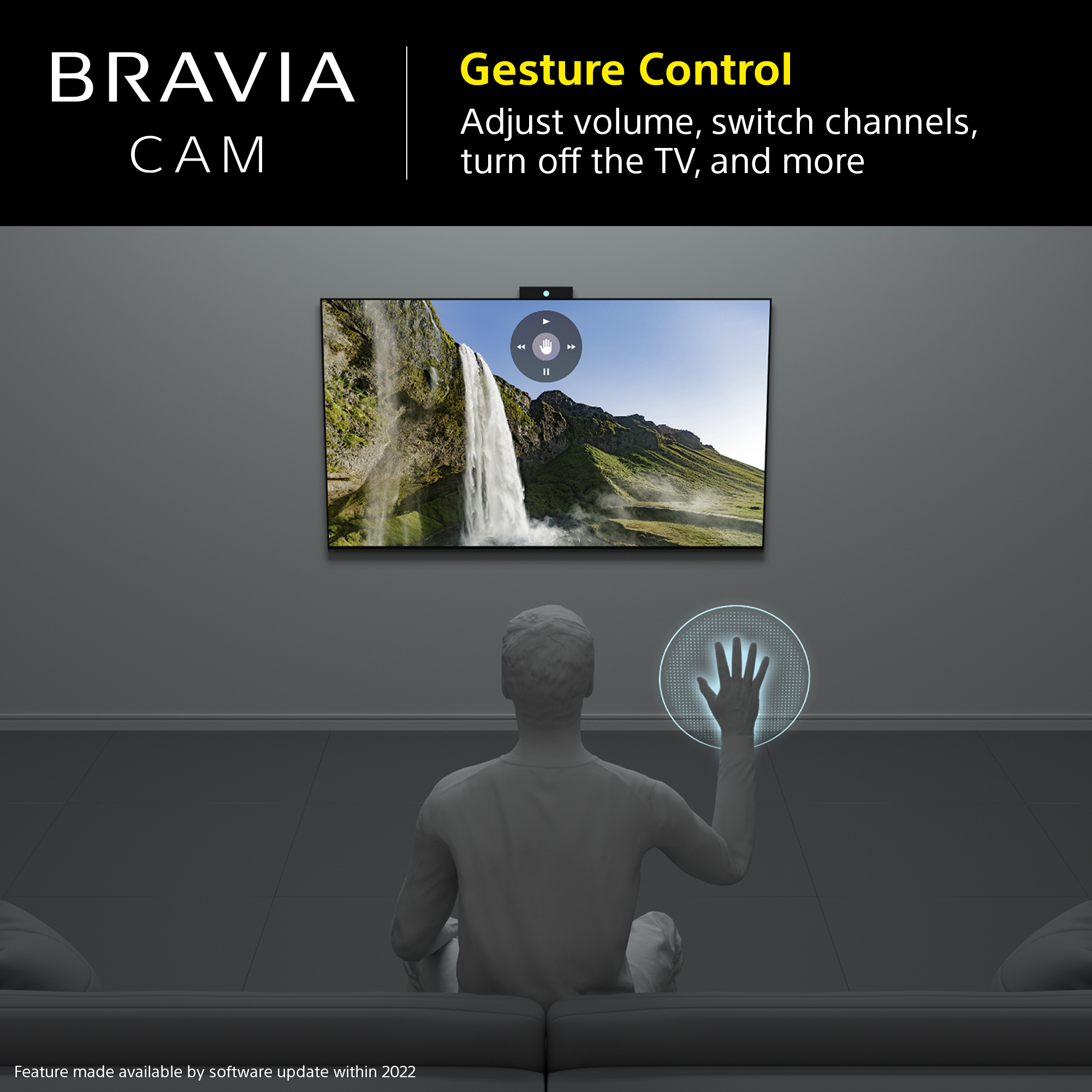 Person interagiert mit einem Fernseher durch Handgesten, Bravia Cam sichtbar.