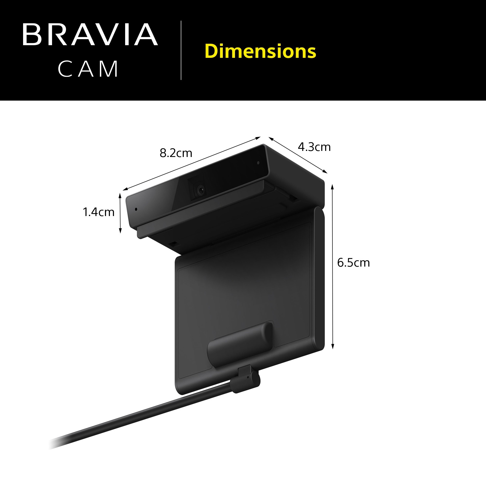 Eine schwarze Kamera mit den Maßen 8,2 cm x 4,3 cm x 1,4 cm x 6,5 cm.