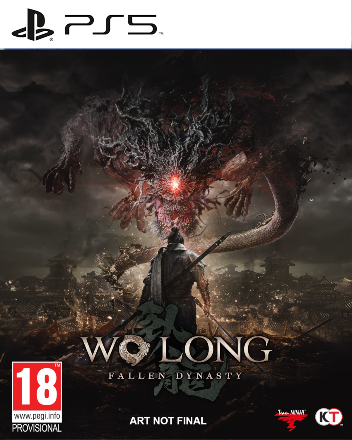 Wo Long: Fallen Dynasty game cover. Krijger tegenover draak. Donkere en gedetailleerde kunst. PS5 logo.