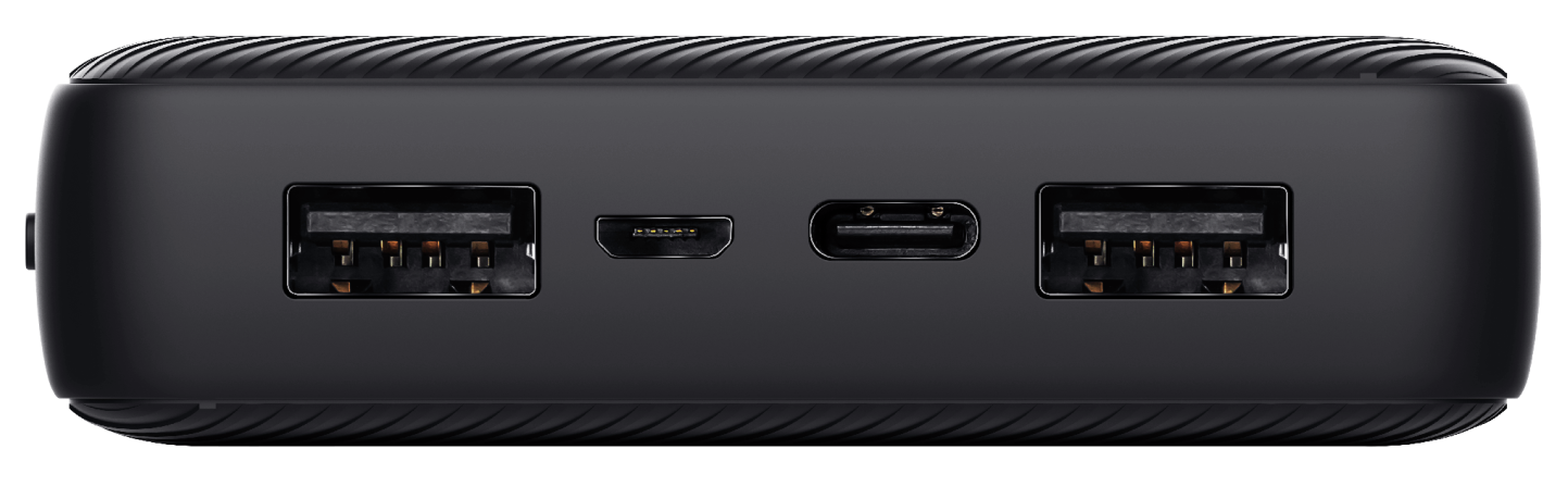 Fekete power bank USB és USB-C portokkal elöl.
