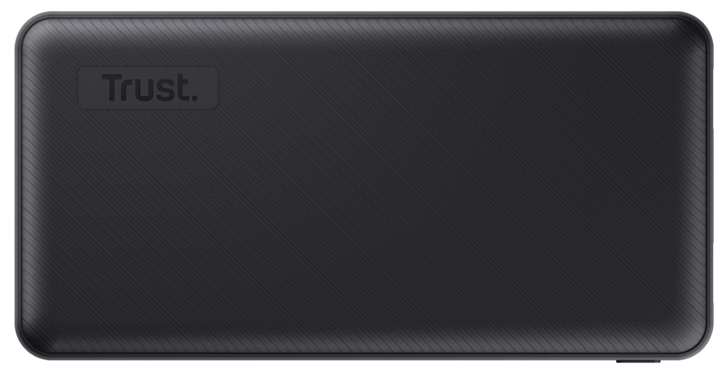 Fekete power bank Trust logóval. A felülete textúrált.
