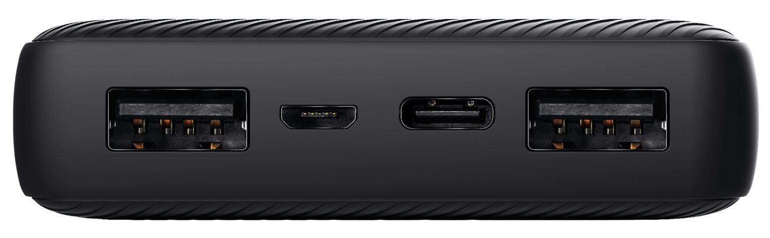 Fekete power bank, USB portokkal és micro USB porttal. Felülnézet, a portok láthatók.