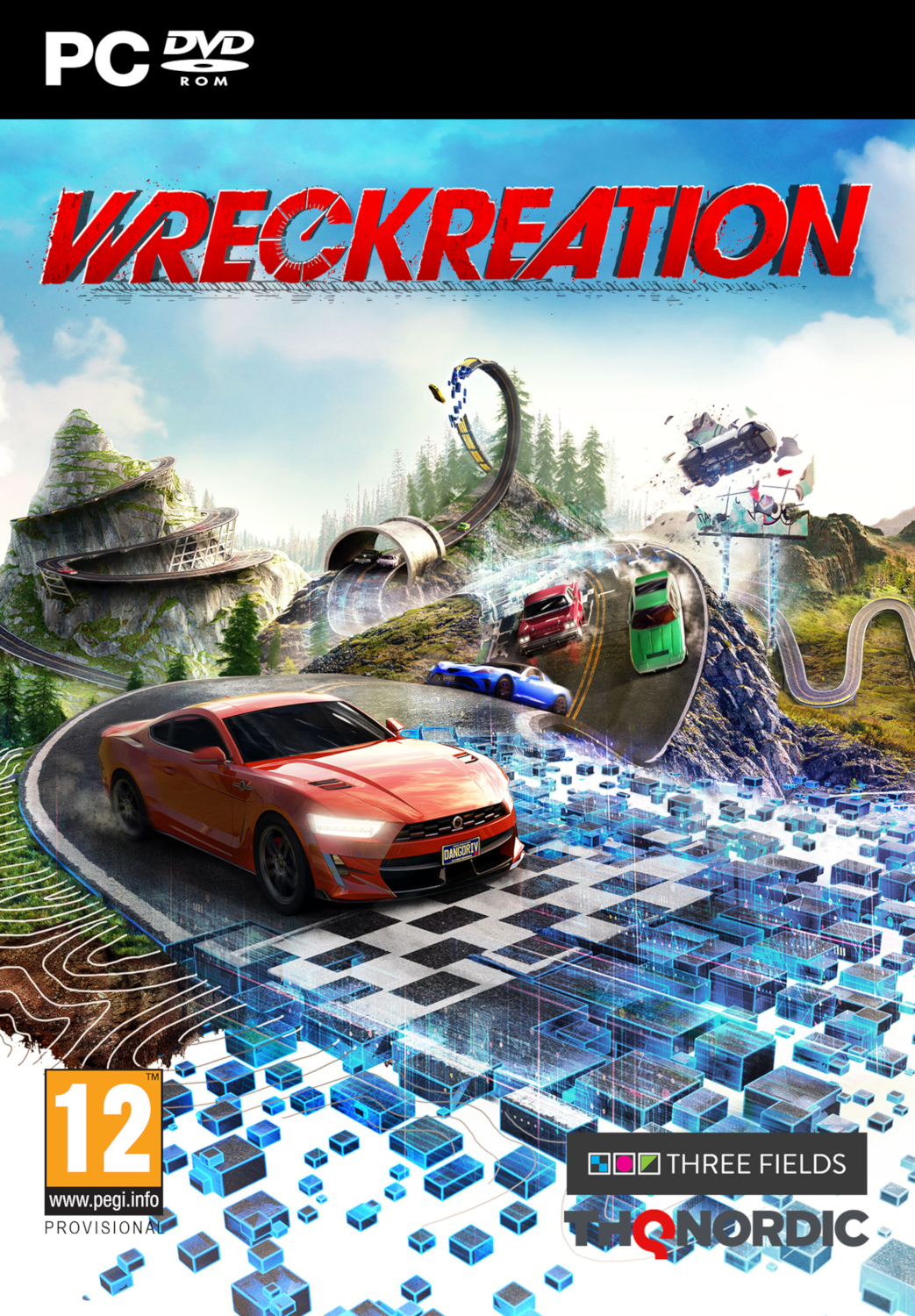 Couverture de jeu vidéo avec des voitures courant sur une piste. Le titre 'Wreckreation' est en haut.