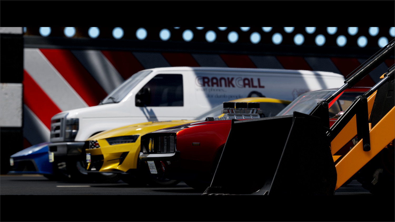 Voitures alignées : fourgon blanc, muscle car jaune, voiture rouge et véhicule de chantier jaune.