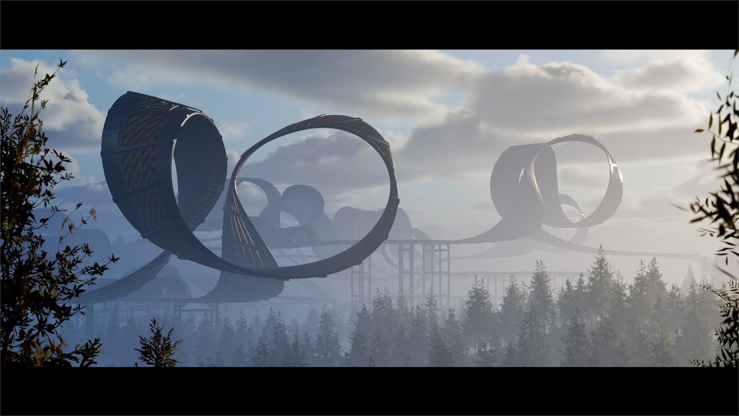 Structures de boucle futuristes au-dessus d'une forêt, avec un ciel nuageux en arrière-plan.