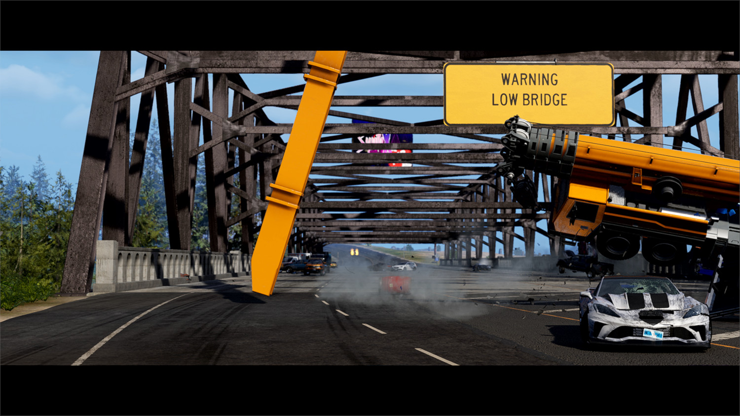 Une voiture de course s'écrase contre un pont dans un jeu vidéo.
