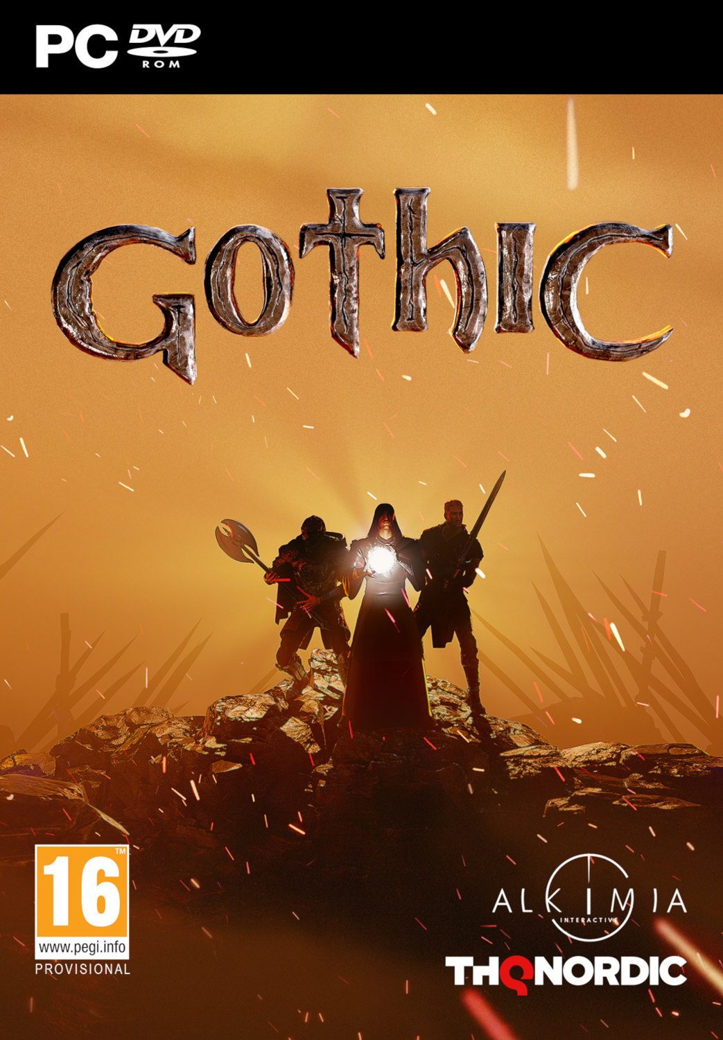Gothic videogamecover met drie figuren met wapens en een gloeiend licht, met een vurige achtergrond.