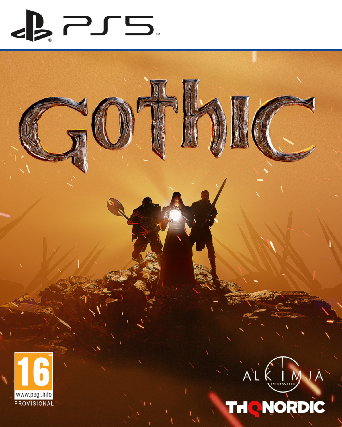 Gamecover voor Gothic op PS5, met figuren in harnas en een donkere achtergrond.