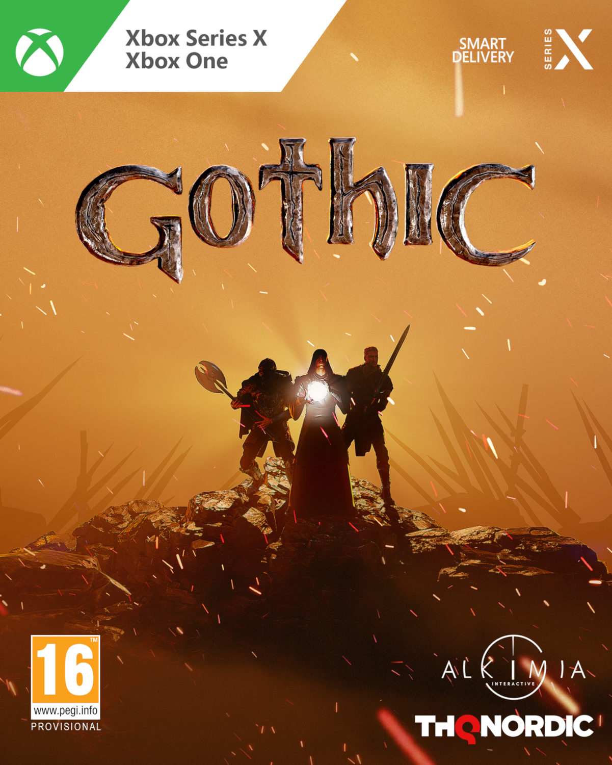 Gothic gamebox. Drie figuren met wapens staan op een heuvel, met een vurige achtergrond.