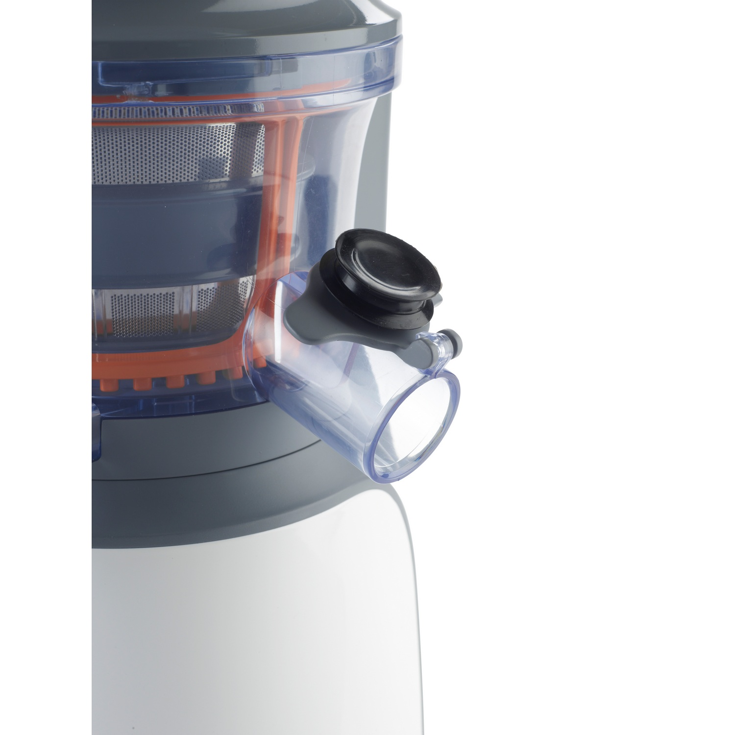 Exprimidor. Cuerpo gris y blanco con una boquilla transparente.