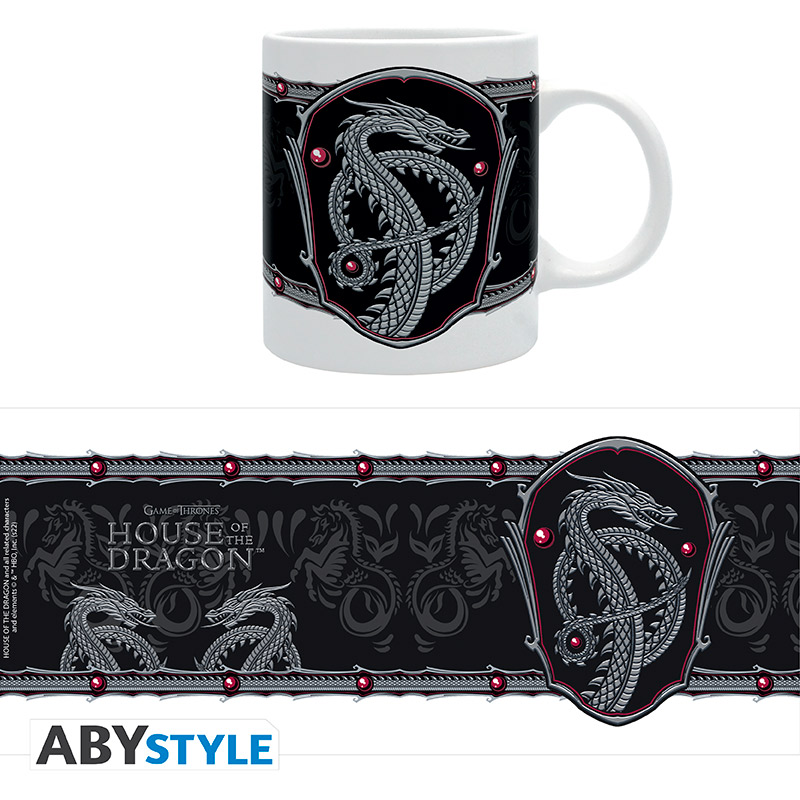Eine weiße Tasse mit einem Game of Thrones-Design mit einem Drachen.