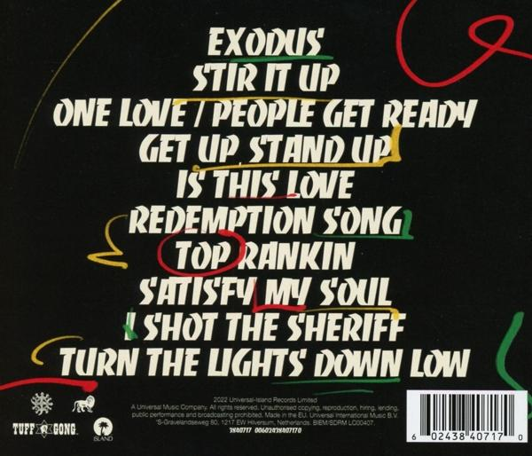 Album borító dalszövegekkel: Exodus, Stir It Up, One Love, és mások. Fekete háttér.