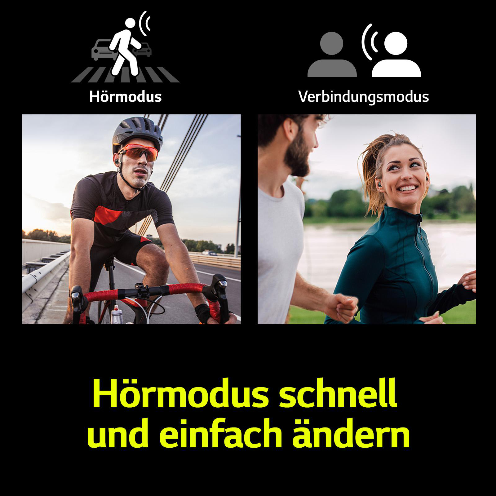 Bilder mit zwei Modi: Radfahren und Laufen. Texte zeigen Hörmodi und Verbindungsmodus.