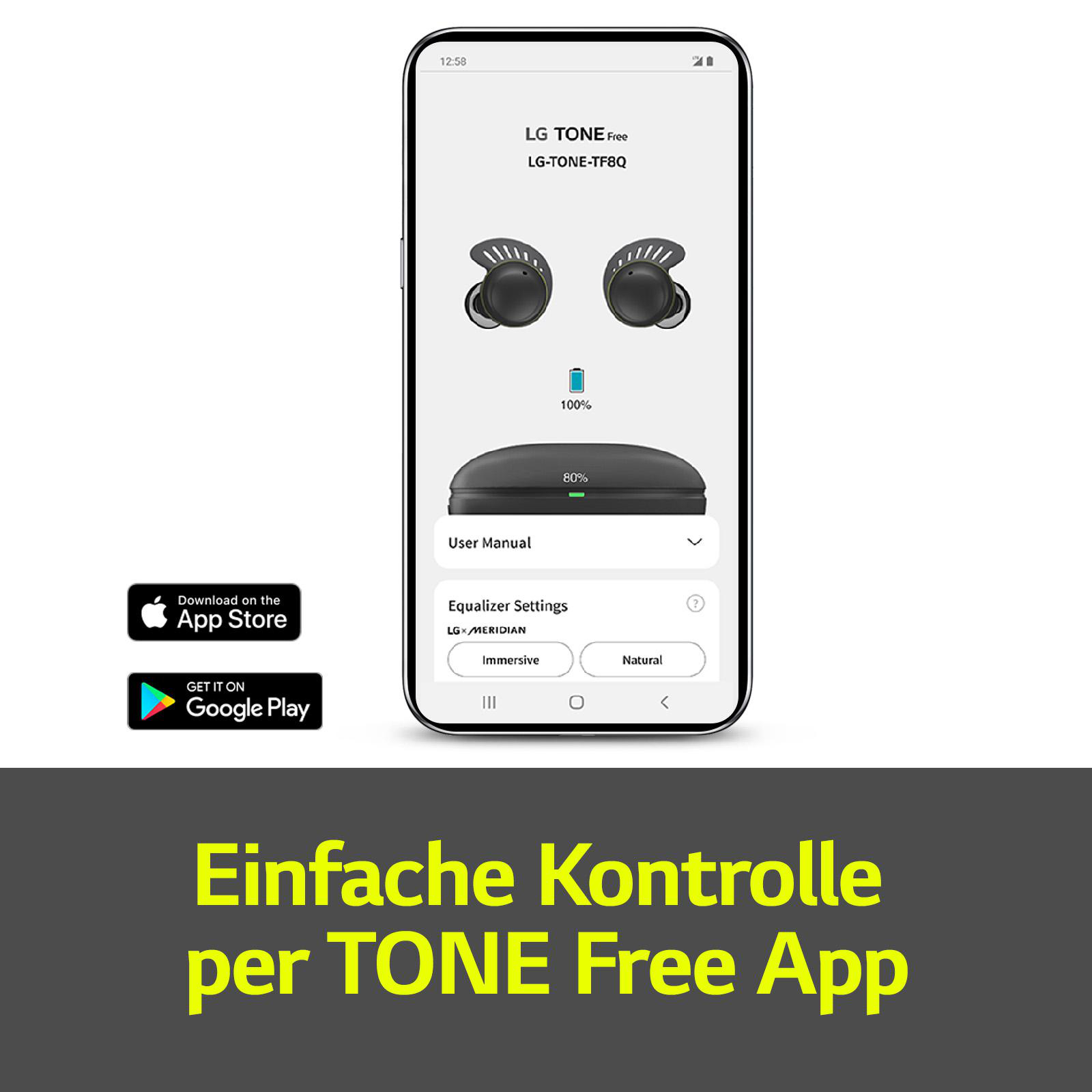Smartphone-Bildschirm mit Kopfhörern und Benutzerhandbuch. App Store- und Google Play-Logos.