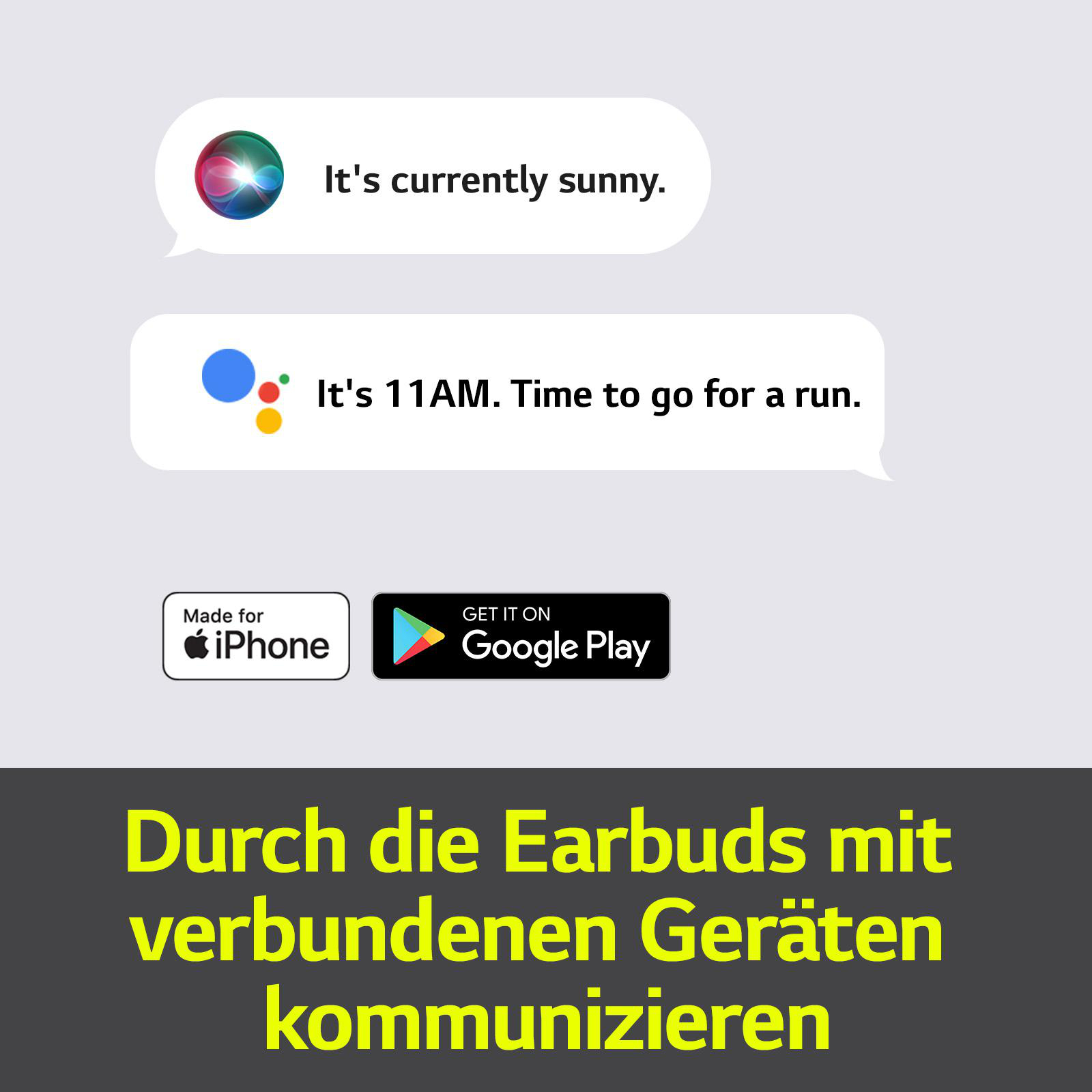 Zwei Sprechblasen mit Text und Logos: Siri und Google Play. Unten ein gelber Text.