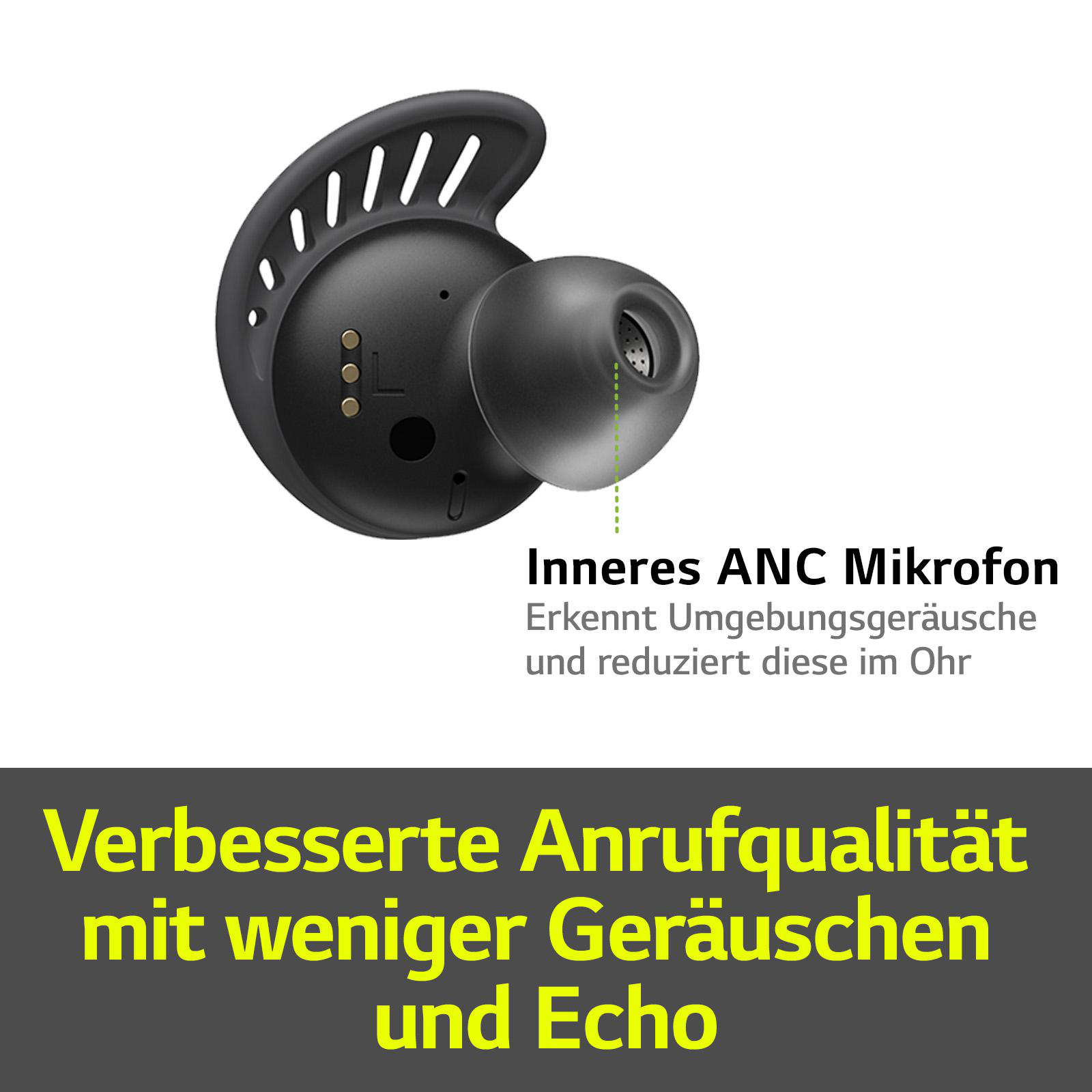 Schwarze Ohrhörer mit Text über Geräuschreduzierung und verbesserte Anrufqualität.