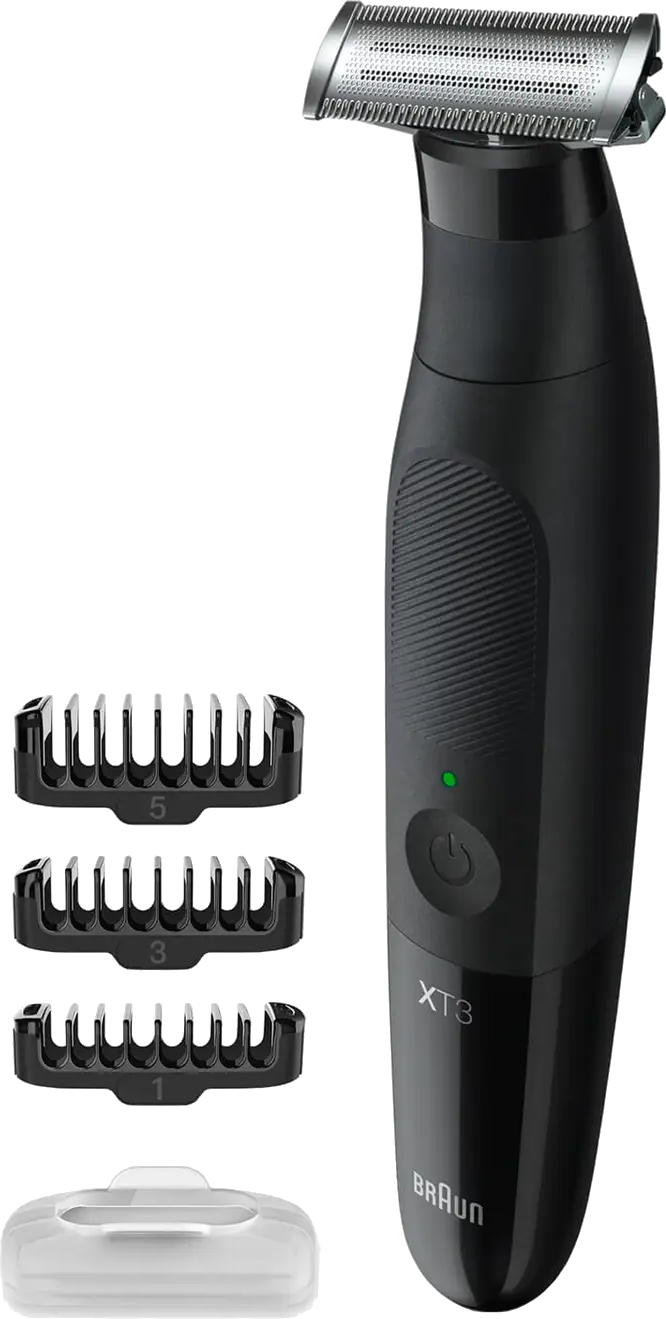 Tondeuse corporelle Braun noire avec plusieurs accessoires et une base de charge, sur fond blanc.