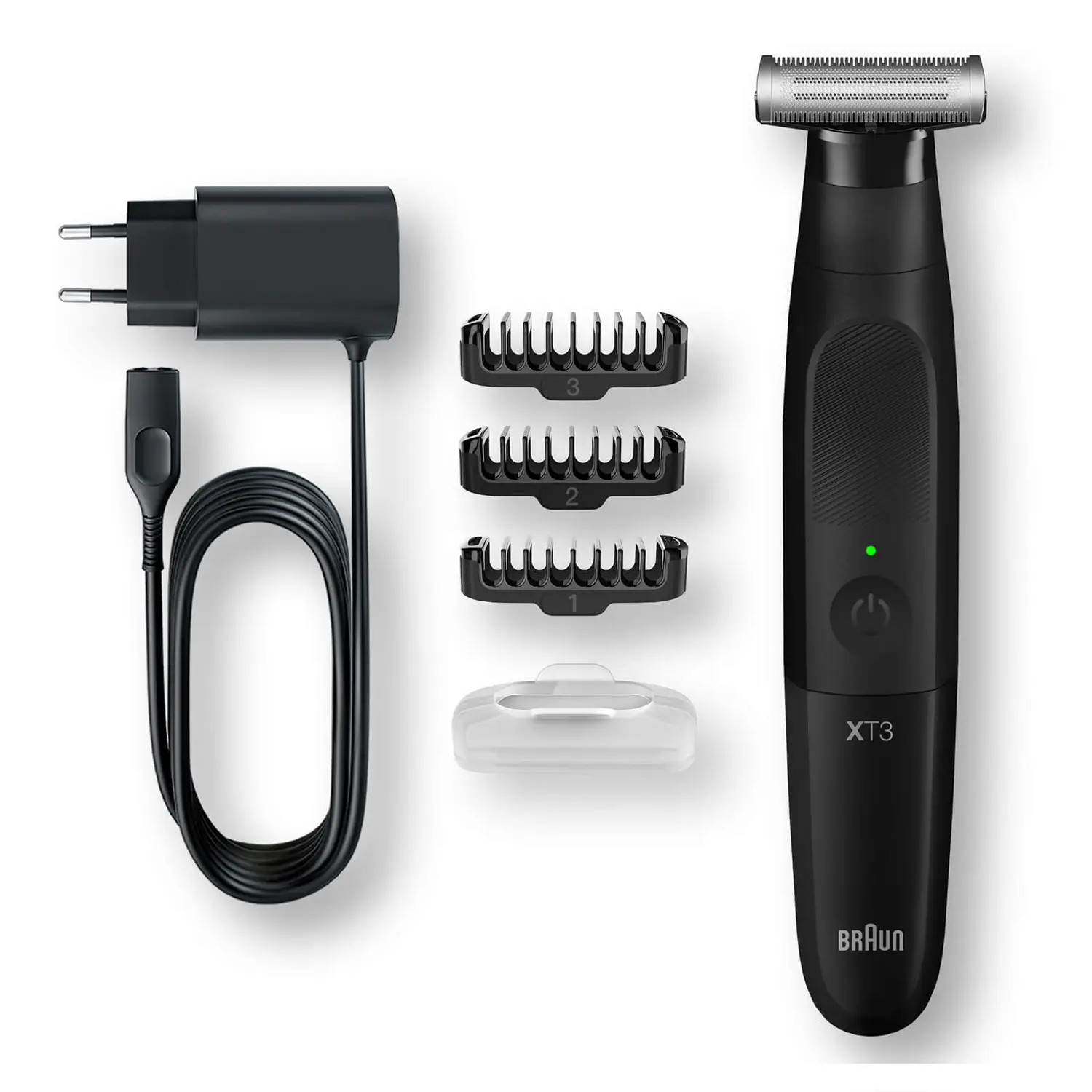 Rasoir électrique Braun noir et accessoires : chargeur, accessoires de coupe et un cache de nettoyage.
