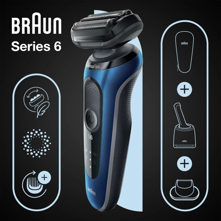 Blue and black Braun Series 6 electric shaver with details of shaving heads.